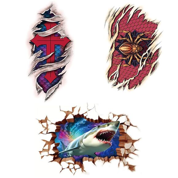 3 pcs Temporary Tattoo, Red Cross, Spider, 3D Shark Body Tattoos Half Sleeve - Picture 8 of 8